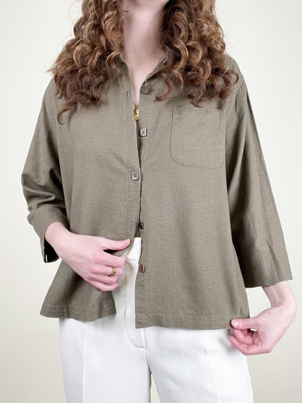 Vintage 1990's Y2K Linen Oversized Button Down Up Shirt Blouse Relaxed Fit Loose